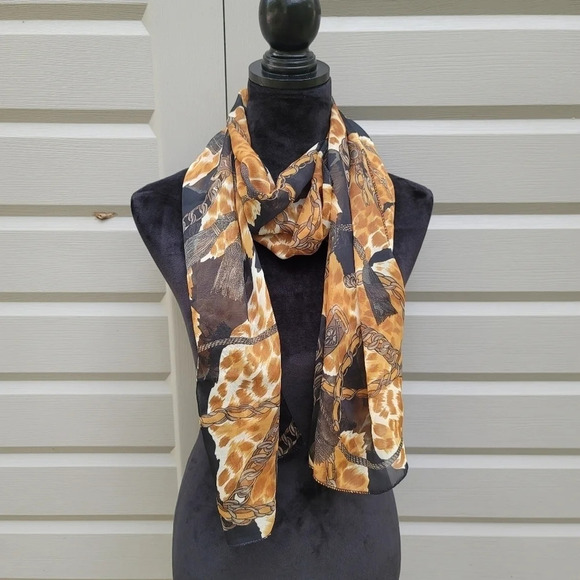 Fall Colors Chain Chiffon Scarf Wrap Beige Brown Black Print OS - Picture 1 of 6